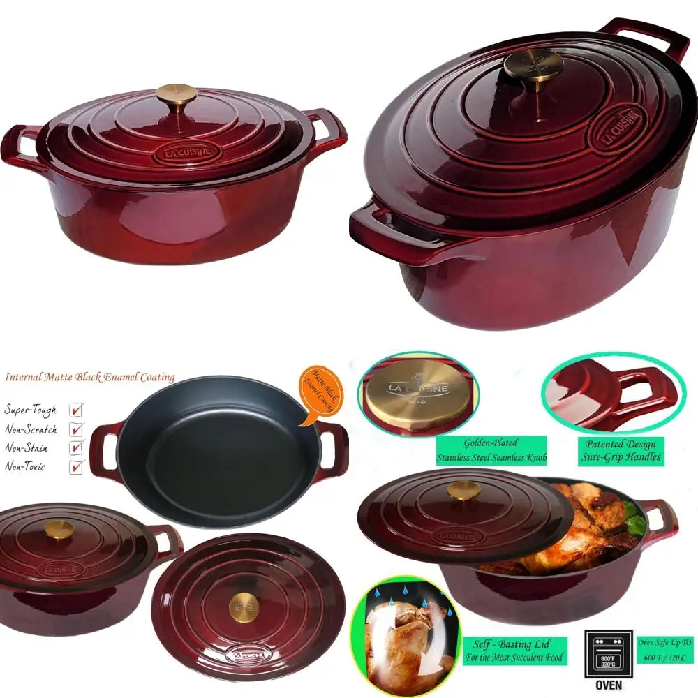 

Enameled Cast Iron Oval Dutch Oven 5 Quart Casserole Dish with Matte Black Interior and Cranberry Lid, Large Capacity Cooking Po