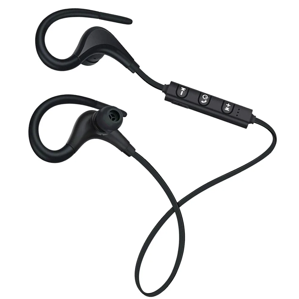 Fone de ouvido sem fio preto com gancho de orelha, com controle de fio de microfone, fone de ouvido estéreo magnético à prova de suor para corrida, esportes, fitness