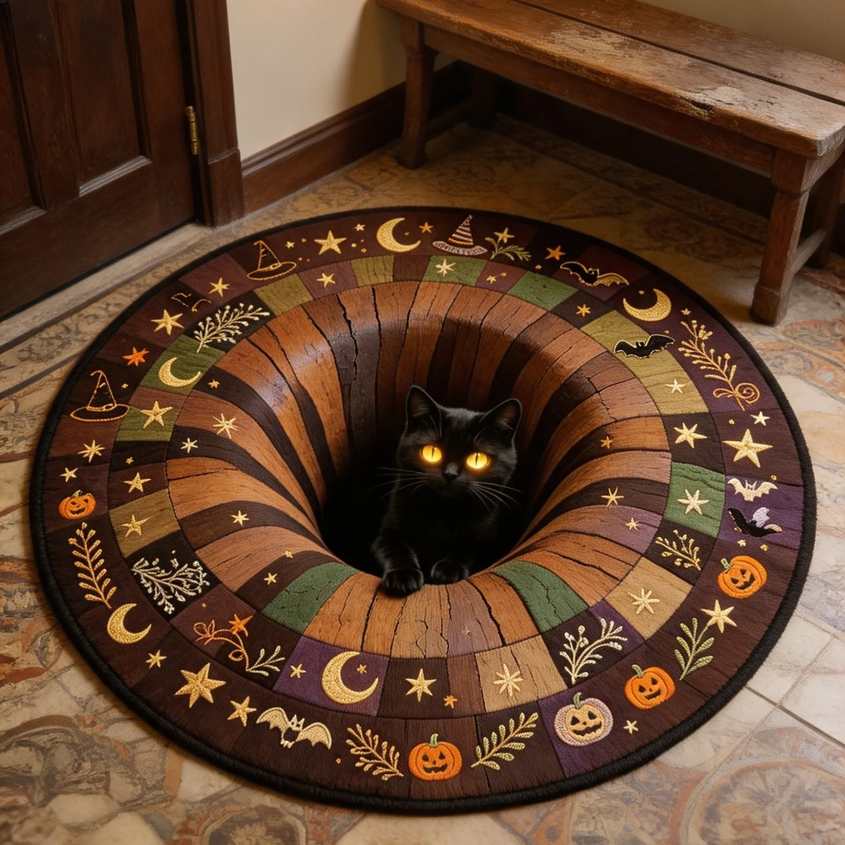 3D Cat Rug Halloween Pumpkin Round Felt NonSlip Carpet for Living Room Bedroom Bedside Illusion Black Kitten Floor Mat