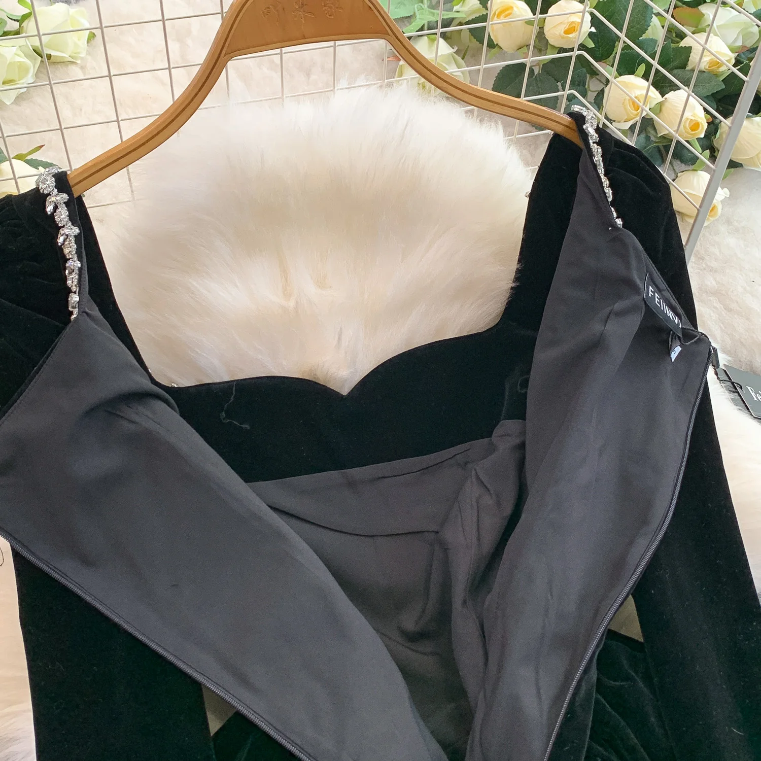 Sexy Elegant long sleeve velour square neck dress Women evening korean fashion ceremony dresses