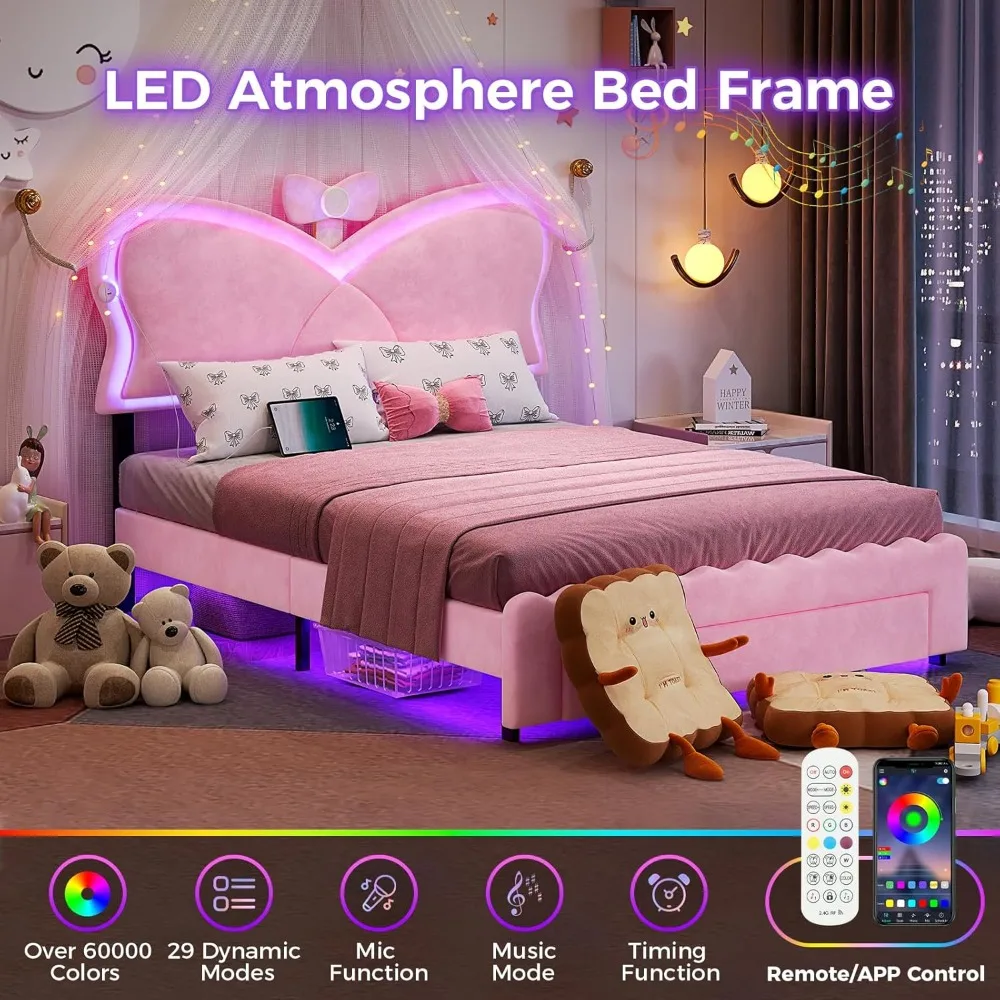 إطار سرير LED كامل الحجم مع درج تخزين ومحطة شحن، سرير منجد بربطة عنق مع لوح رأسي أنيق قابل للتعديل، مخمل #4