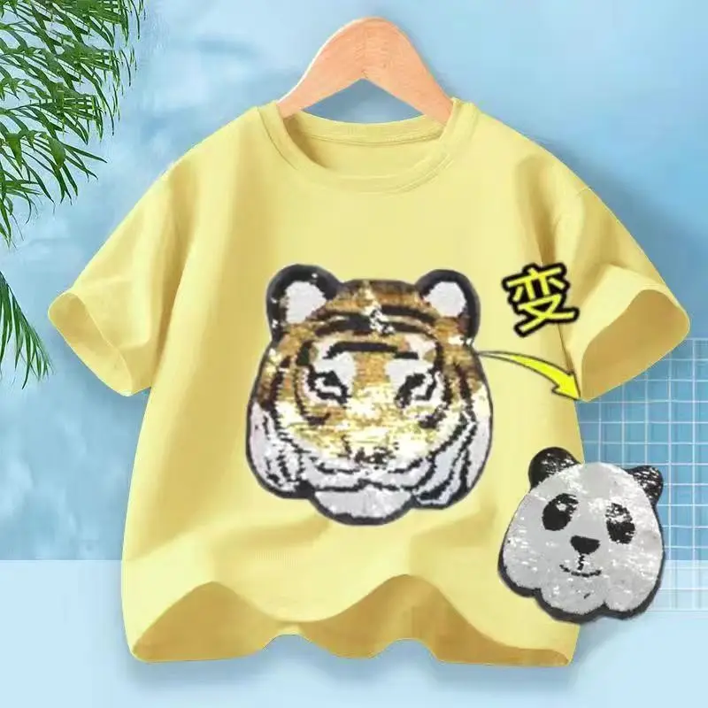 

Kids T-shirt Cute Tiger Panda Conversion Touch Color Changing Small and Medium-sized Children Short Sleeved Children Sequin Top