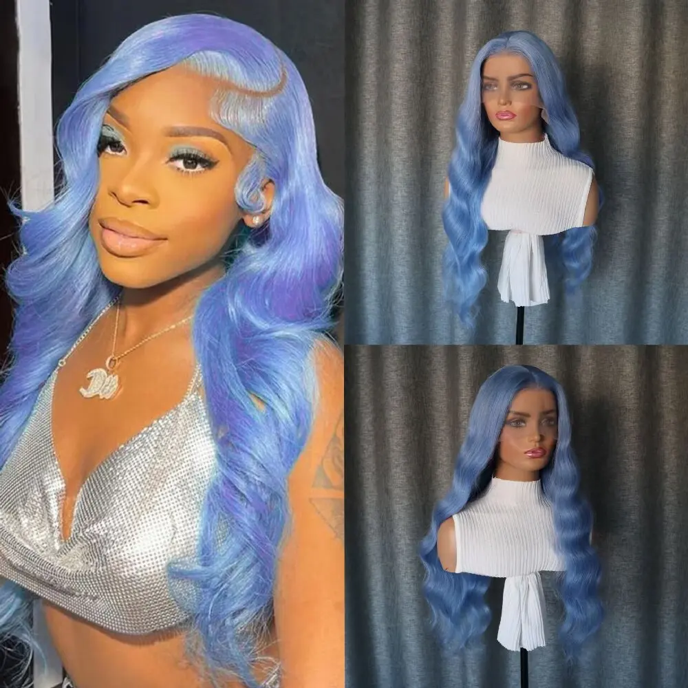 Wig asli Brasil ketebalan tinggi wig renda transparan depan Halus biru bergelombang wig tanpa lem garis rambut sebelum dipetik 13x4 HD