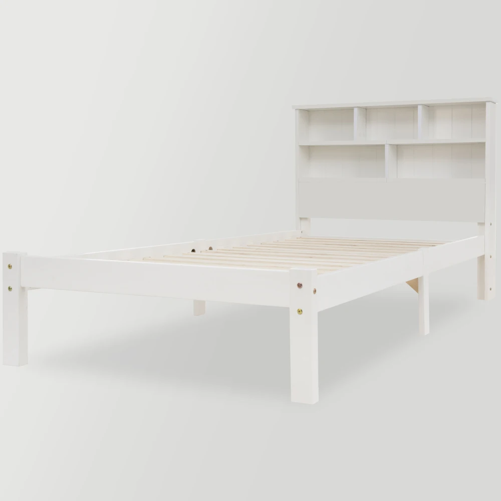 PINGGO Einzelbett aus Massivholz, 90 x 200 cm, weiß, mit Schubladen, Gitter-Bücherregal für Kinder, Jugendliche, Erwachsene, ohne Matratze – Detail 9