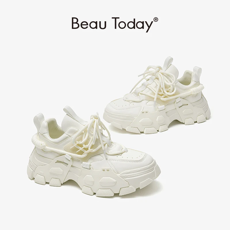 

Женские кроссовки на платформе BeauToday, повседневные кроссовки из натуральной коровьей кожи, на шнуровке, с круглым носком, на не сужающейся книзу массивной подошве, женская обувь ручной работы, 29435