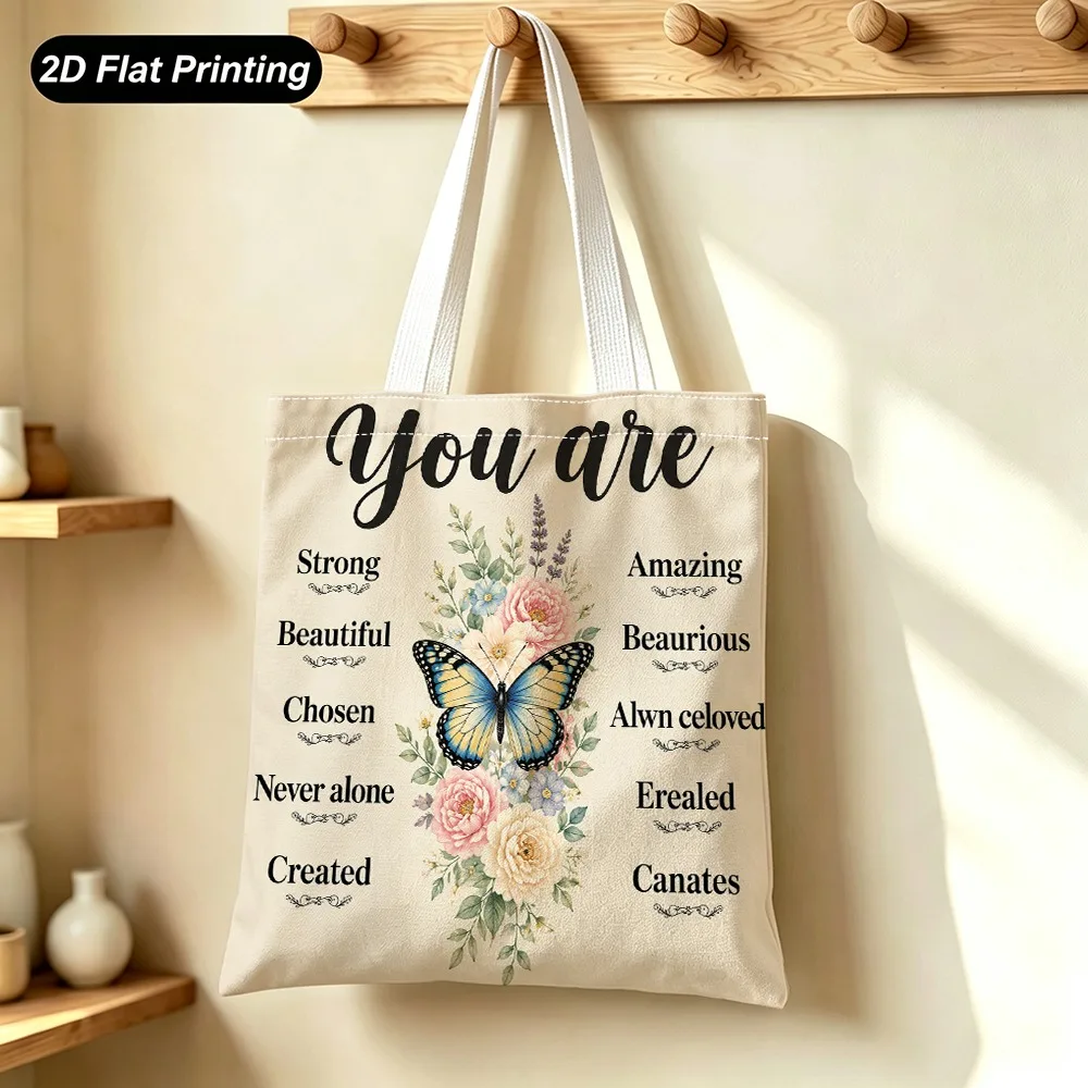 1pc Tote Bag with 2D Flat Effect, Featuring a Butterfly and Floral Pattern Printed on the Bag Body. Dimensions: 39.88cm X 35.05c