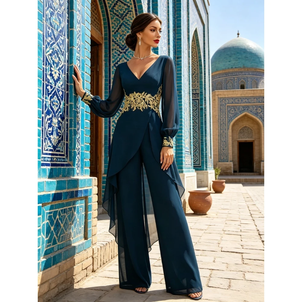 Customized New Gold Patterned Summer Jumpsuit 2026 Transparent Long Sleeved Waist Cinching Evening Gown Suitable for Parties