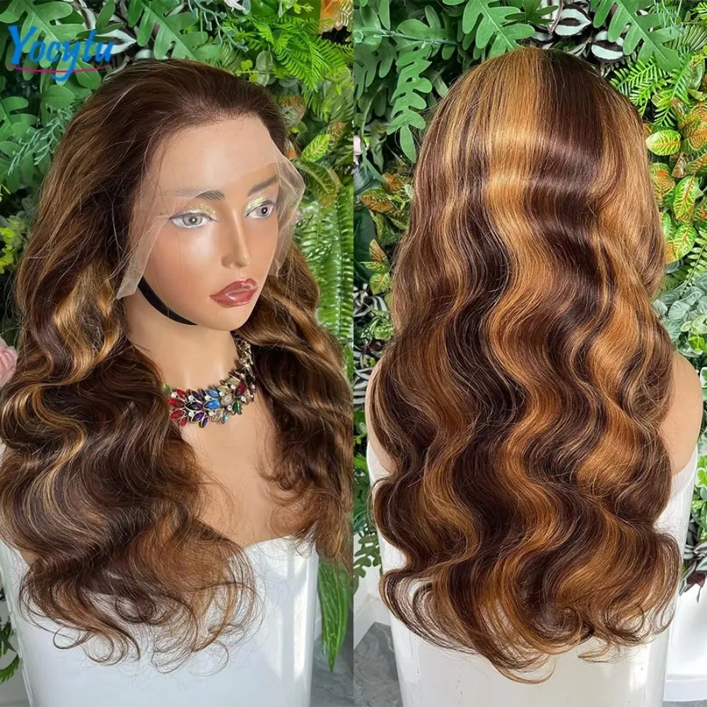 Parrucca con mèches 13X4, capelli umani, 26 pollici, parrucca con onde naturali, capelli umani, parrucca bionda color miele 4/27, parrucca con sfumature di colore marrone.