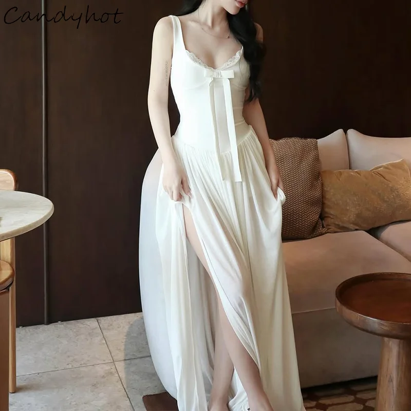 

Candyhot Elegant Solid Backless V Neck Bow Lace Edge Fashion Bodycon Slit Maxi Dress Y2K Summer Evening Party New Women Vestidos