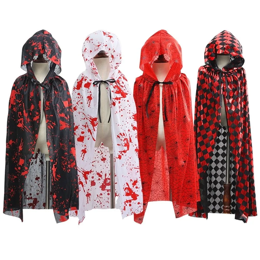 Casual Bloodstain Halloween Costume Cosplay Props Funny Plaid Halloween Death Cloak with Cap Dark Party Spider Web Cape Kids