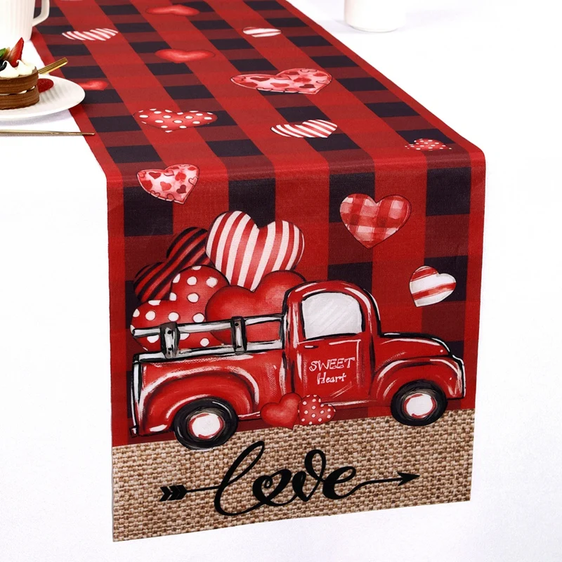 Happy Valentine\'s Day Table Runner Polyester Love Heart Table Flag Dining Table Decoration For Wedding Bride Party Tablecloth