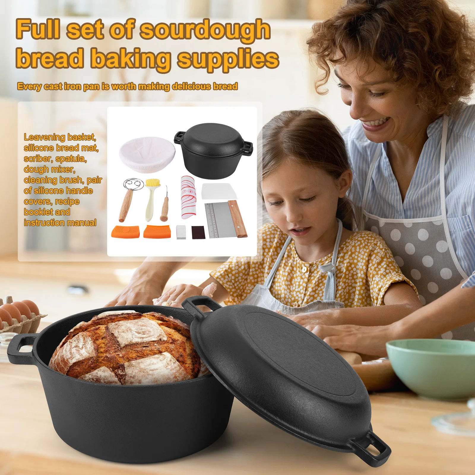 Cast Iron Dutch Oven Set with Skillet Lid Bread Dutch Oven Pot Silicone Handles Fermentation Basket Pot Set for Campfire Cooking