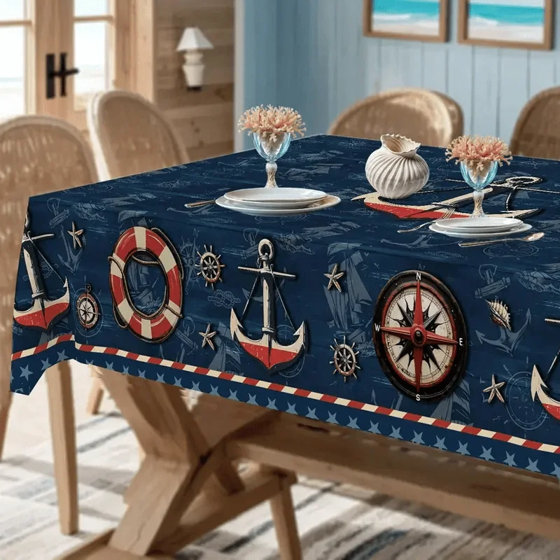 1pc Nautical Tablecloth - Ship Anchor, Compass, Navy Blue, Red, White - Durable and Machine Washable Polyester Fiberxzj