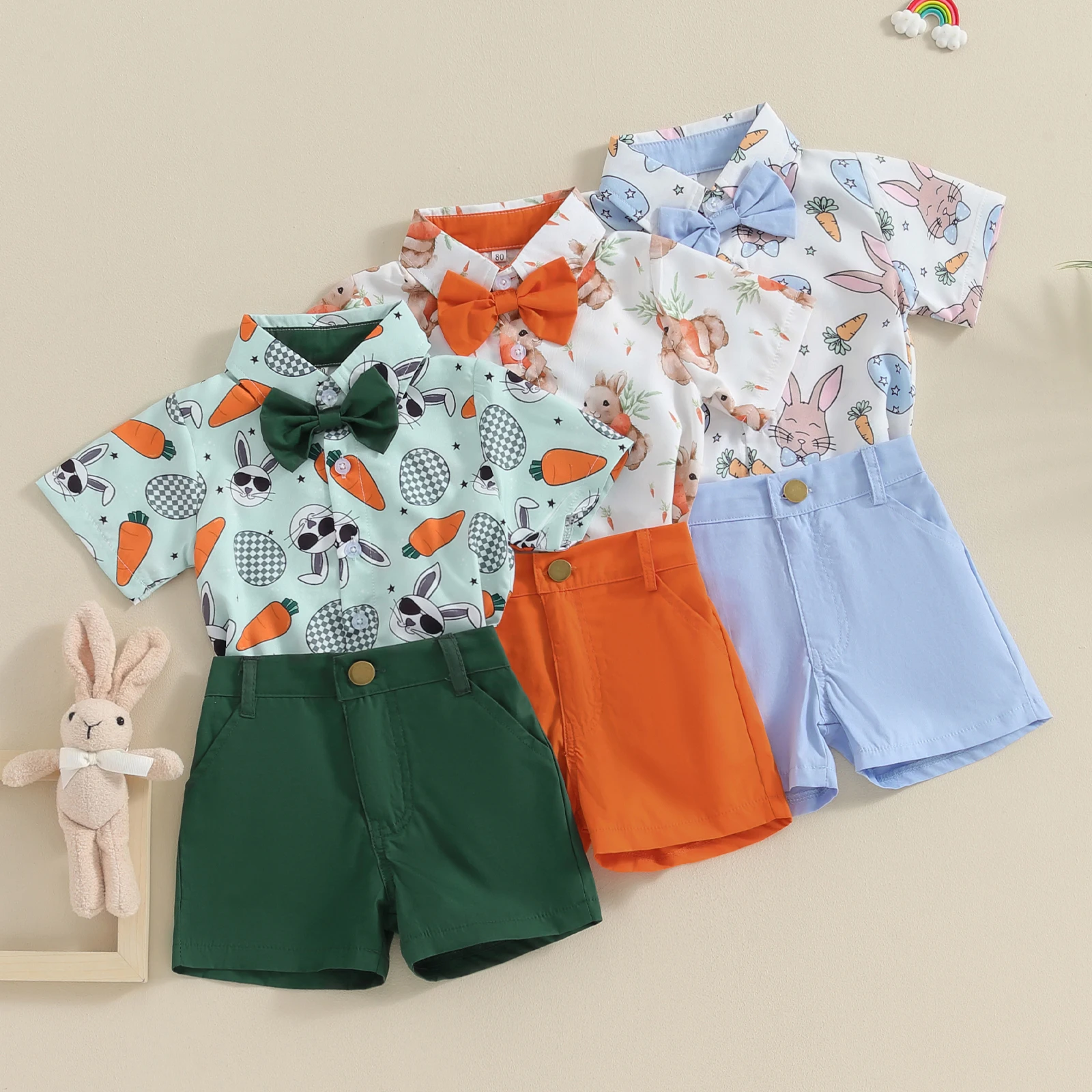 

1-4Y Toddler Boys Easter Day Outfits Carrot Rabbit Print Bowtie Short Sleeve Shirts Tops Shorts 2Pcs Summer Boys Clothes Set