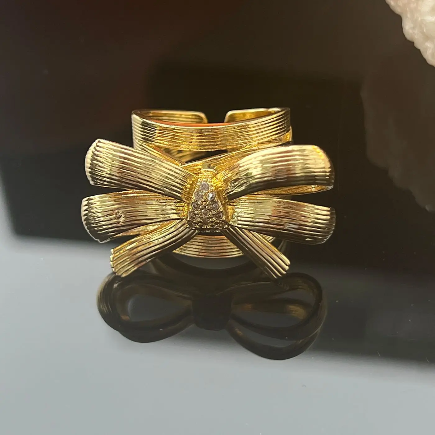 Unique Large Bow Adjustable Ring for Women Statement Jewelry Brushed Metal Gold Silver Plated Wide Band Cuff Ring