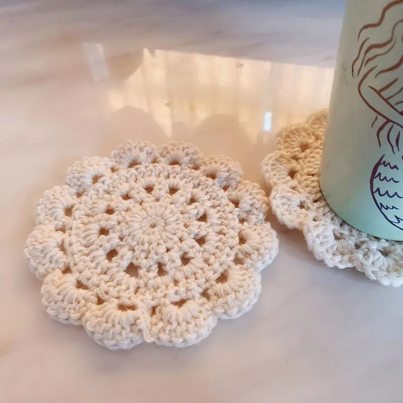 2PCS Handmade Crochet Lace Coasters Anti-skidding And Heat-resistant Coffee Milk Cup Mat Reusable Kitchen Items Accessories