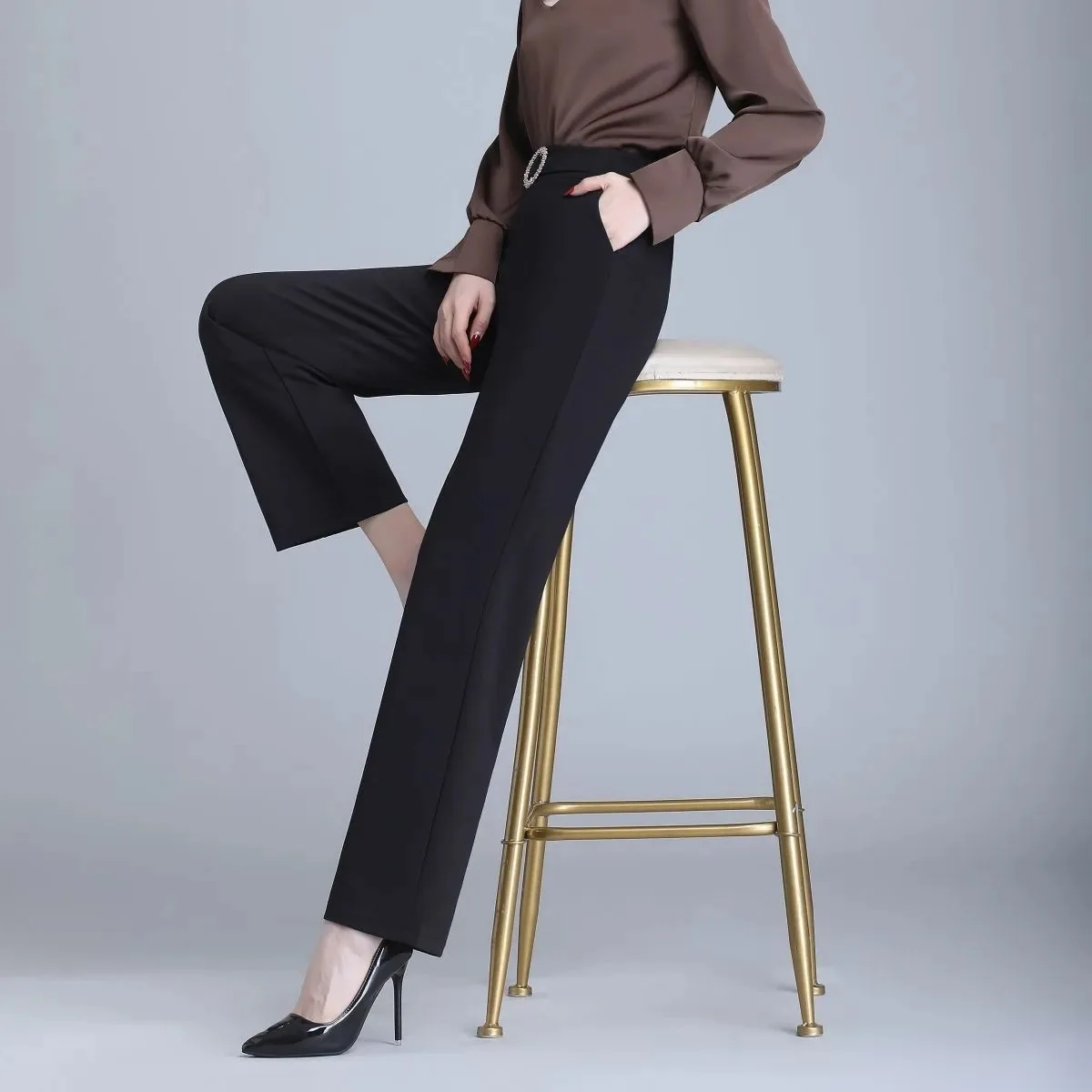 ارتفاع الخصر التخسيس سراويل تقليدية مريحة المرأة الربيع الصيف نمط جديد مايكرو متوهج ثنى مرونة المألوف واسعة الساق... #3