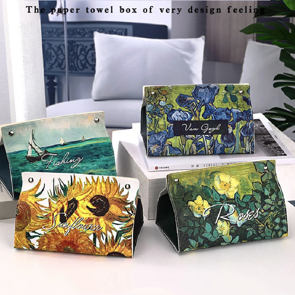 

2024 Pu Leather Tissue Box Container Van Gogh Oil Painting Pattern Napkin Tissue Holder Papers Bag Cosmetic Case Pouch Organizer