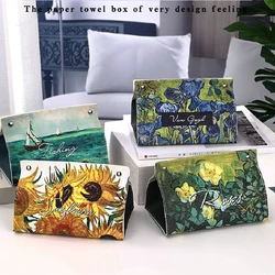 2024 Pu Leather Tissue Box Container Van Gogh Oil Painting Pattern Napkin Tissue Holder Papers Bag Cosmetic Case Pouch Organizer