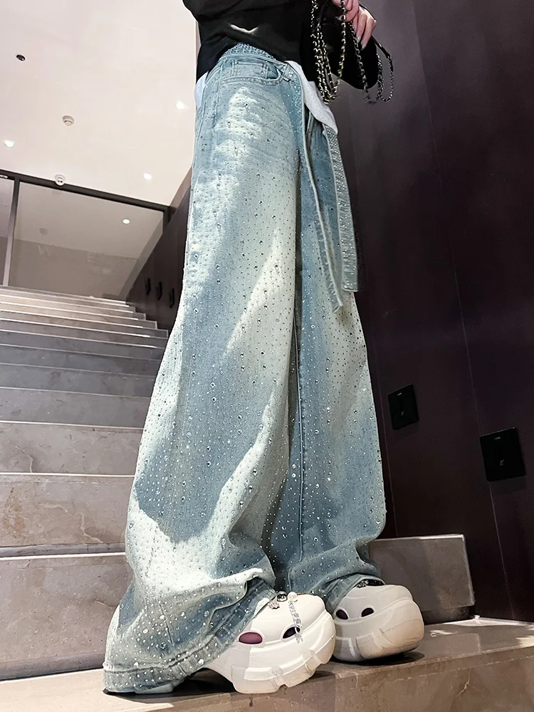 

Свободные женские джинсы с поясом Heavy Du Diamond и высокой талией, весна 2024, повседневные прямые брюки, роскошные утягивающие широкие брюки