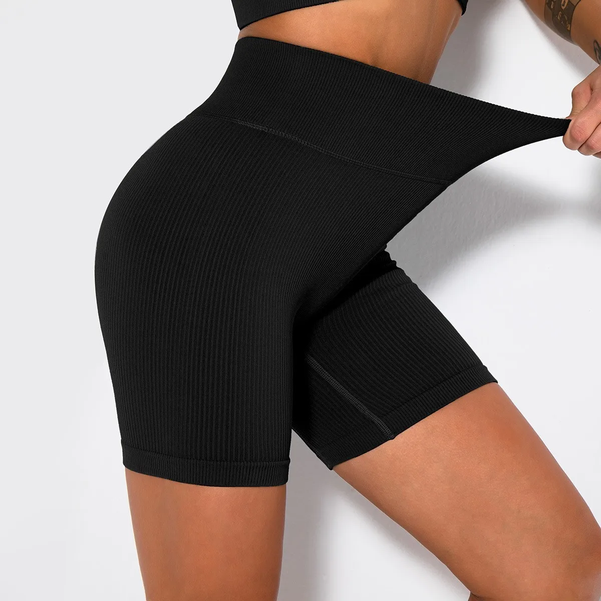 Women\'s High Waist Ribbed Seamless Yoga Shorts Squat Proof Hip Lifting Fitness Workout Running Sports Gym Leggings Shorts