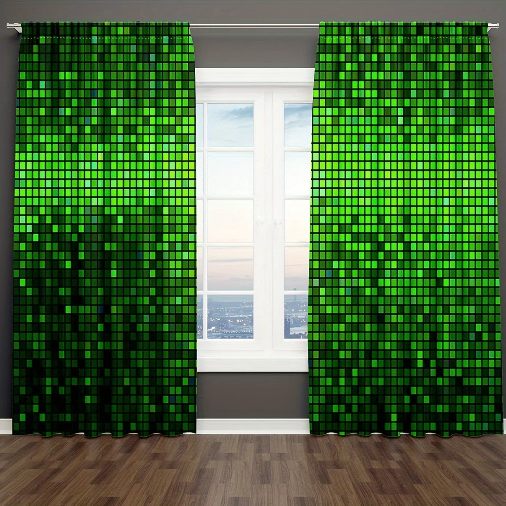 Green Matrix Code Curtain, Digital Rain Window Drape, Cyberpunk Hacker Room Decor, Pixel Art Tech Background for Gaming Setup