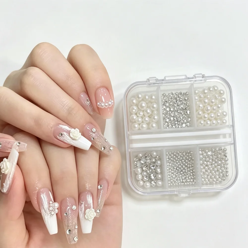 6 Grid 3D Nail Art Rhinestones White Round Pearl Nail Charms Steel Beads & Gem Stones Decorative Jewelry Nail Parts