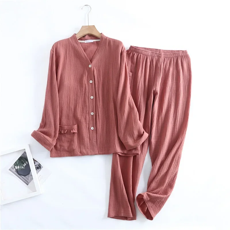 Women Washed Texture Crepe Cotton Pajamas V-Neck Long Sleeve Pants Home Suit Solid Thin Pijama Mujer Loose and Soft Pyjamas 2pcs