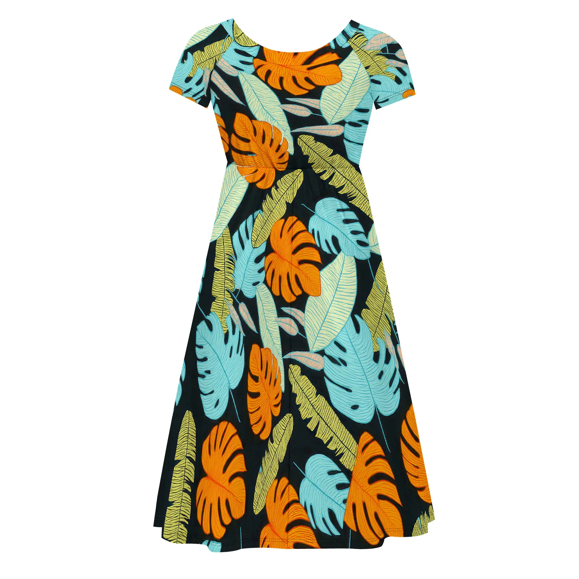 Women's Casual Swing Dress Scoop Neck & Short Sleeves Pull-on Dress Tropical Ethnic Print Polynesian Style Pattern