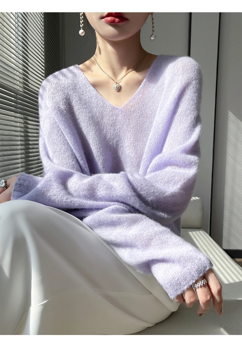 Soft and waxy ~77% cashmere sweater 23% mulberry silk! Thin V-neck loose sweater women lazy seamless sweater