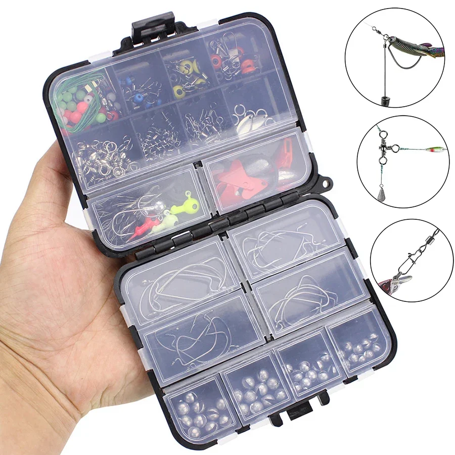 

191pcs/box Fishing Accessories Set incl. Jig Hook, Bullet Bass Fishing Sinker Weights, Various Fishing Swirl Snaps with Box