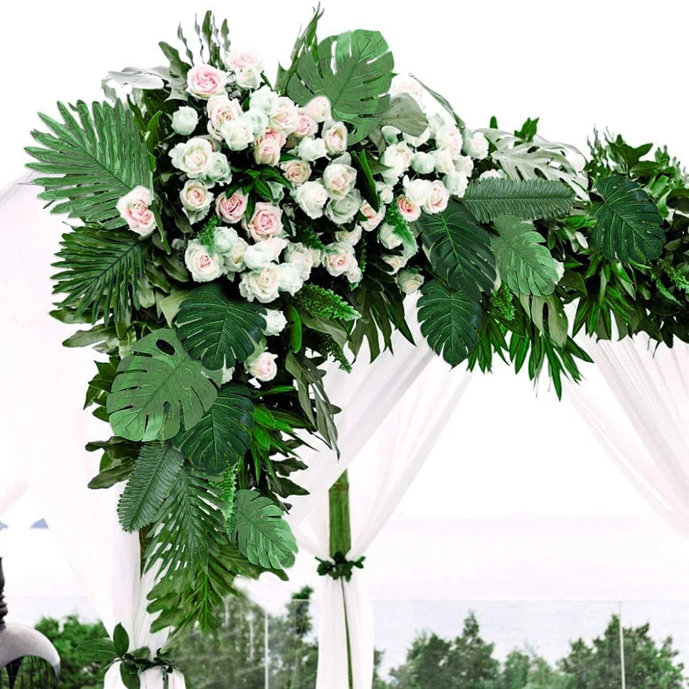 Yannew Künstliche Monstera Tropische große Palmblätter für Dschungel-Safari-Geburtstagsparty-Dekoration Hawaii Luau Mottoparty-Pflanzen – Detail 4