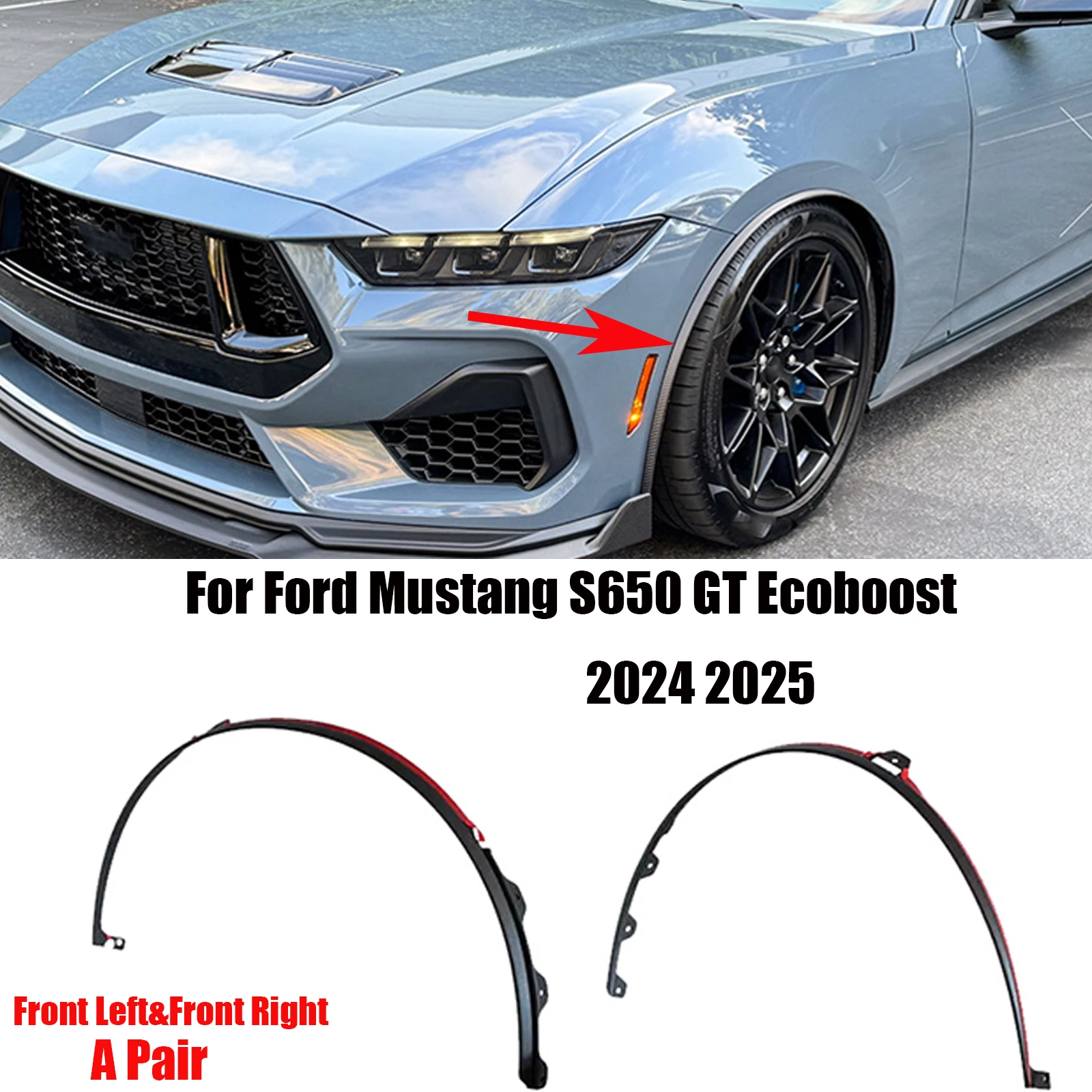 

For Ford Mustang S650 GT Ecoboost 2024 2025 Front Wheel Eyebrow Arch Molding Fender Flare Mudguards Carbon Look APair