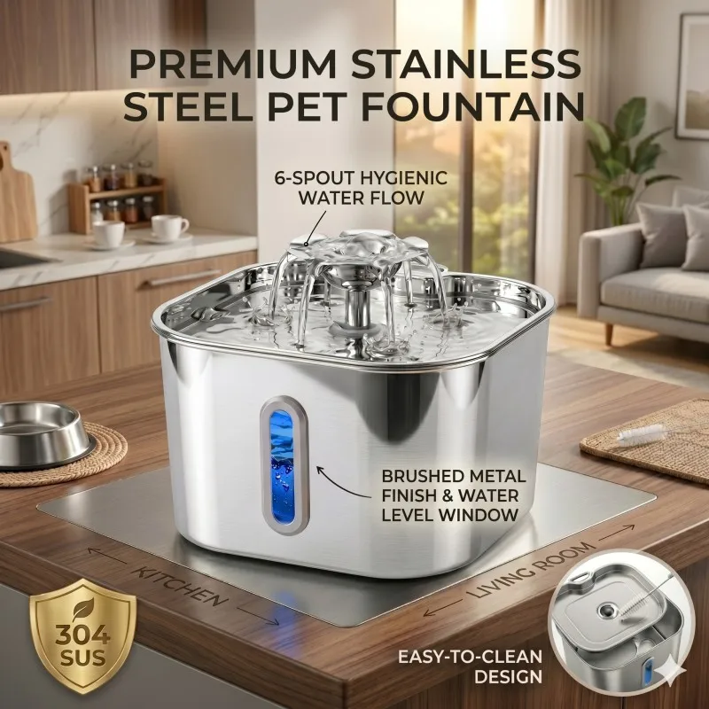 2.2L Stainless Steel Automatic Cat Water Fountain Silent Circulation Pump Visual Window Filter Pet Water Dispenser view 4