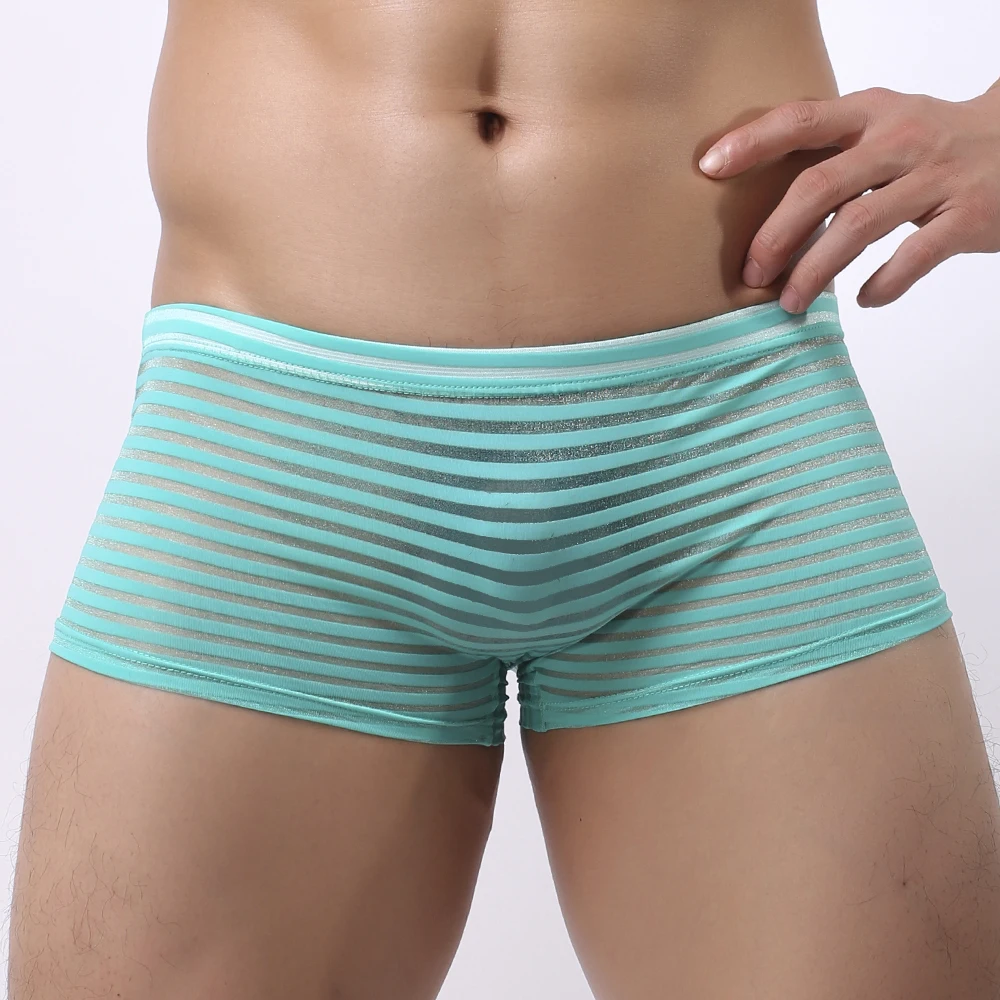 1pc Sexy Men\'s See Through Striped Seamless Boxers Briefs Low Waist Solid Color Underwear Shorts Trunks Underpants Man Panties