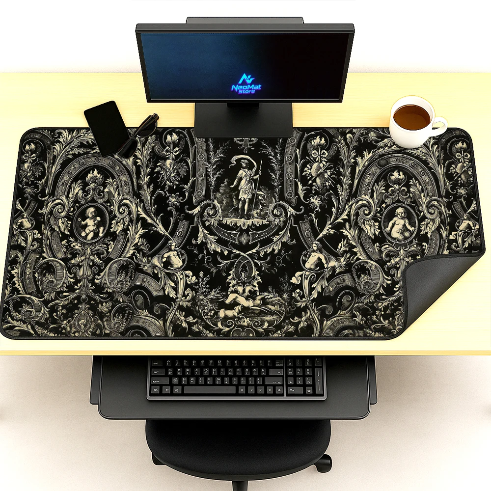 Gothic Floral Playmat Black Baroque Mousepad Big Gaming Ornate Vintage 120x60 Elegant White Computer Desk Accessories