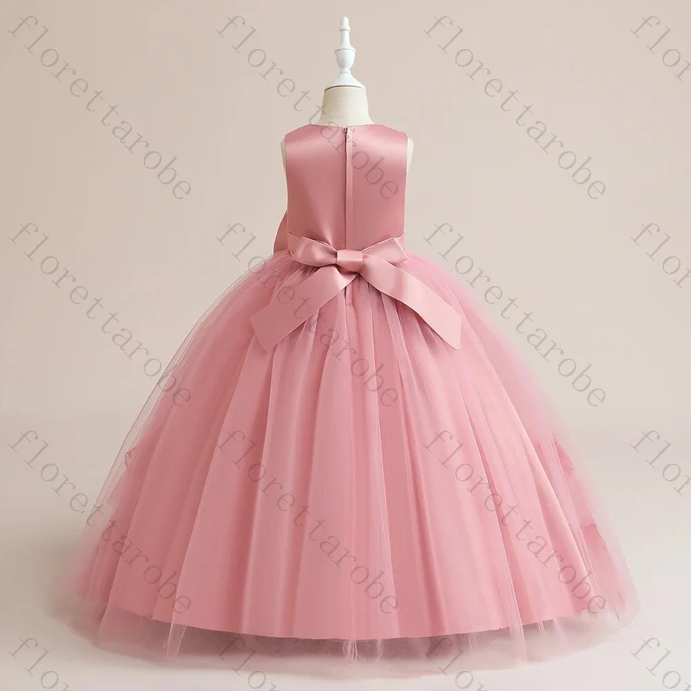 Customized Pink Embroidered Tulle Girls Dress 2026 Big Bow Tiered Princess Gown for Wedding Baptism First Communion Party