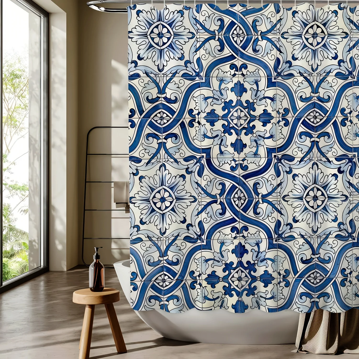 1pc Retro Blue & White Porcelain Tile Shower Curtain, Digital Print,Machine Washable,Reversible Polyester, All-Season Bath Decor