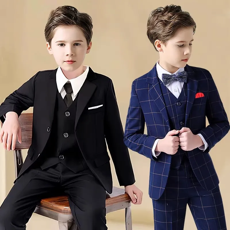 Boys Jacket Vest Pants Bowtie Tie 5Piece Wedding Birthday Party Photography Suit Set Kids Piano Ceremony Performance Costume 