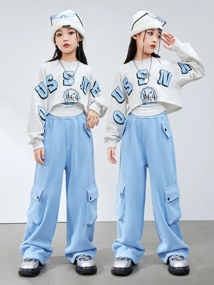 

Kid Kpop Hop Clothing Blue Sweatshirt White Crop Top Casual Wide Pocket Baggy Pants For Girl Jazz Dance Costume Clothes