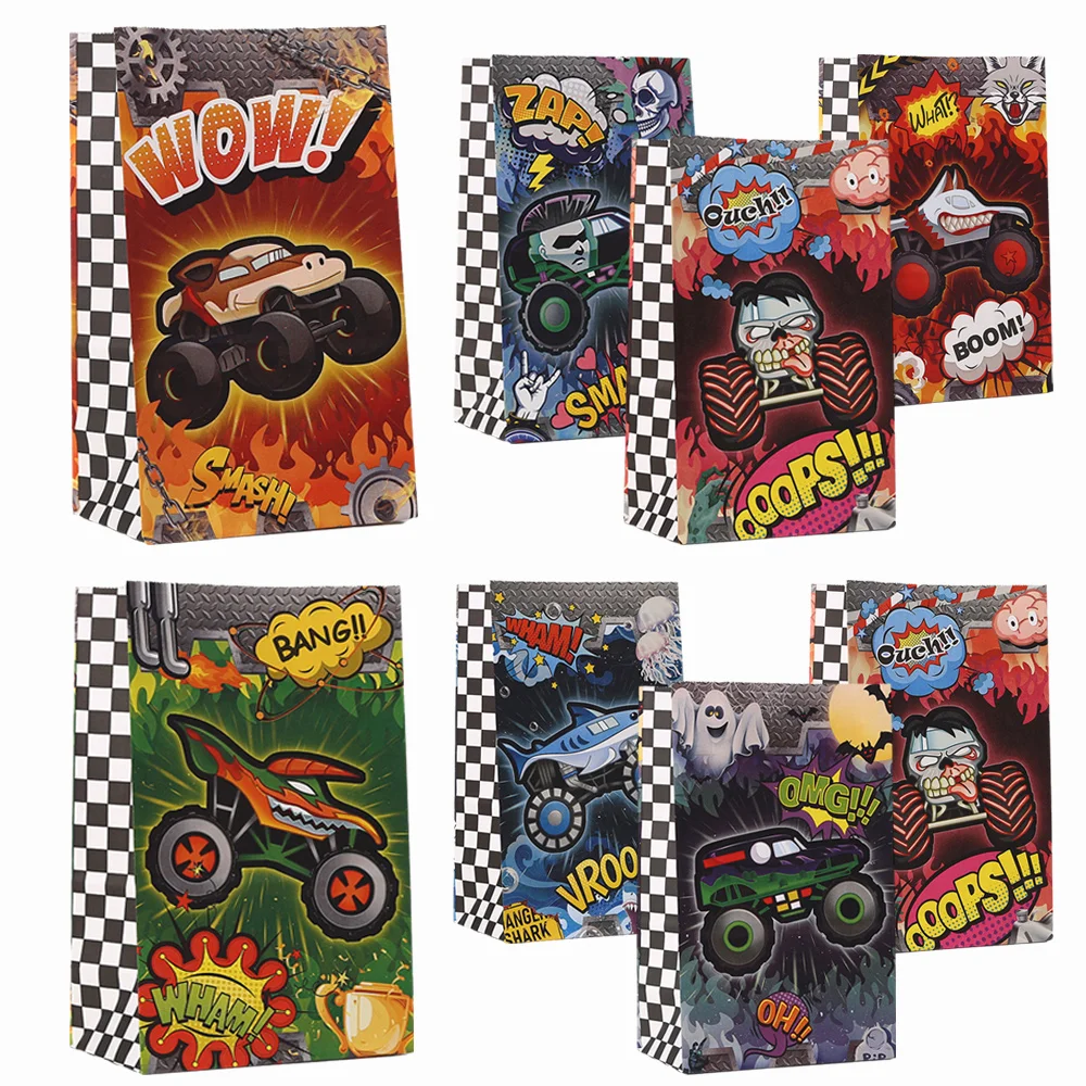 8Pcs Monsters Truck Party Bags Monsters Themed Paper Gift Bags Racing Trucks Goody Treat Candy Bags  Birthday Party Supplies