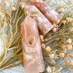 1PC Natural Rose Hermosa Crystal Quartz Tower Sakura Agate Crystal Point Energy Cherry Agate Pink Gem Reiki Gift Home Decorate