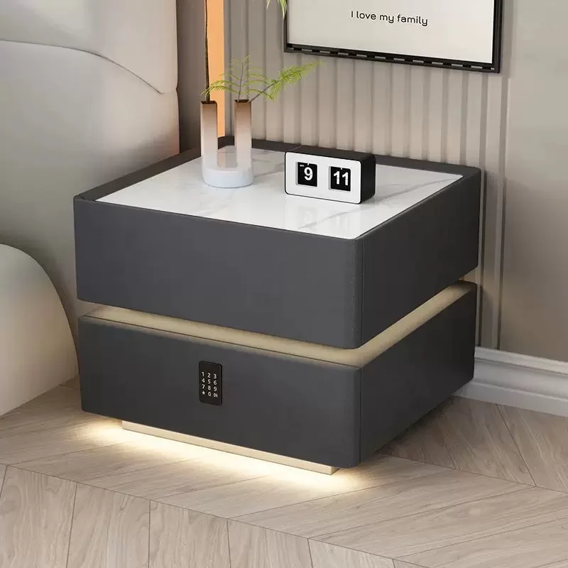 طاولة سرير ذكية من الخشب الفاخر الحديث مع إضاءة LED ومكبرات صوت شحن لاسلكية وبصمات الأصابع مع درج لغرفة النوم وأثاث أبيض