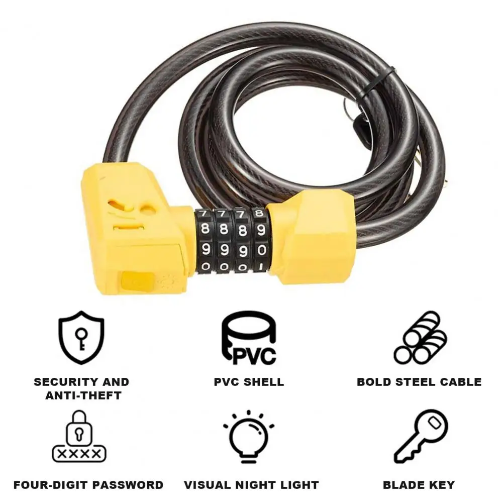 Bike Lock Led Light Bicycle Lock with 4 Digit Resettable Combination for Shear-resistant Universal Bike Cable Security Thickened