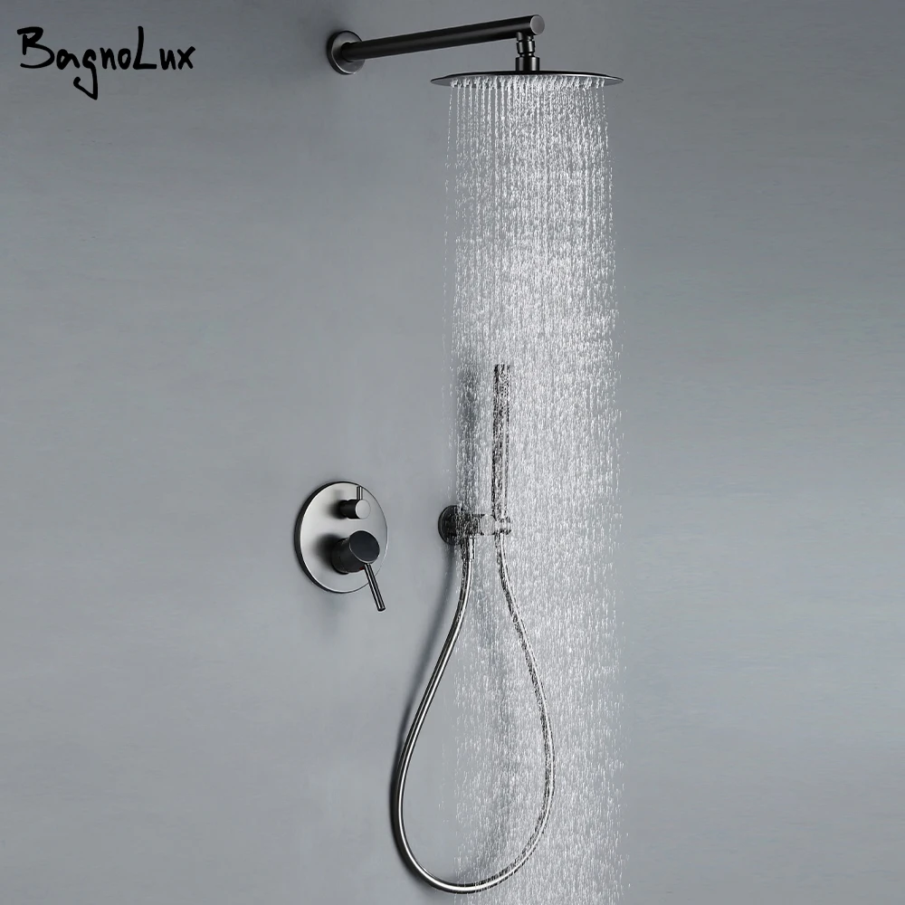 Black Bathroom Shower Faucet Set Wall Mount Rainfall Shower Head Hot Cold Diverter Gunmetal Bath Bathtub Mixer With Handshower