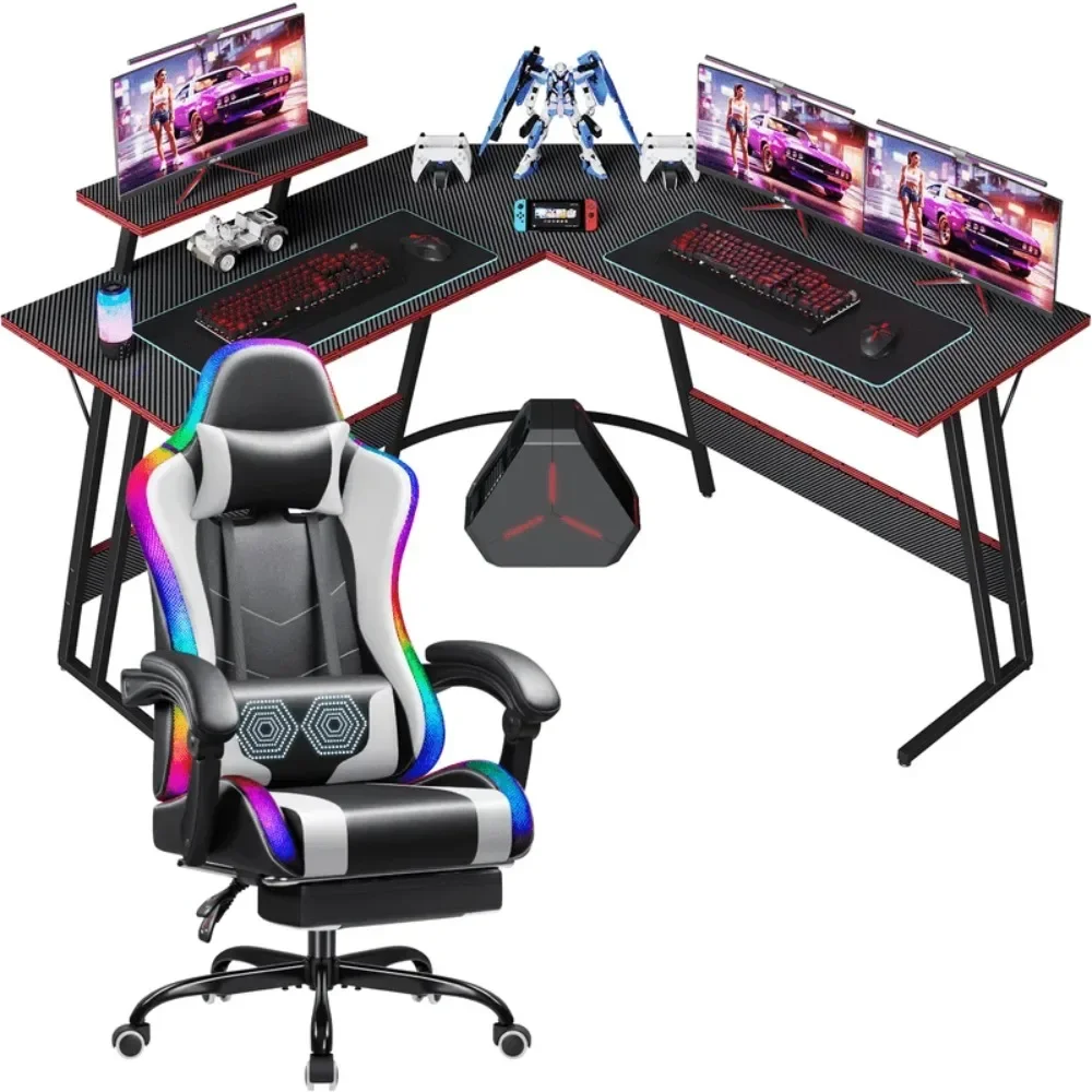 

L-shaped Gaming Desk and Chair Set, Carbon Fiber Desktop Corner Computer Desk, RGB Massage Ergonomic Racing Chair