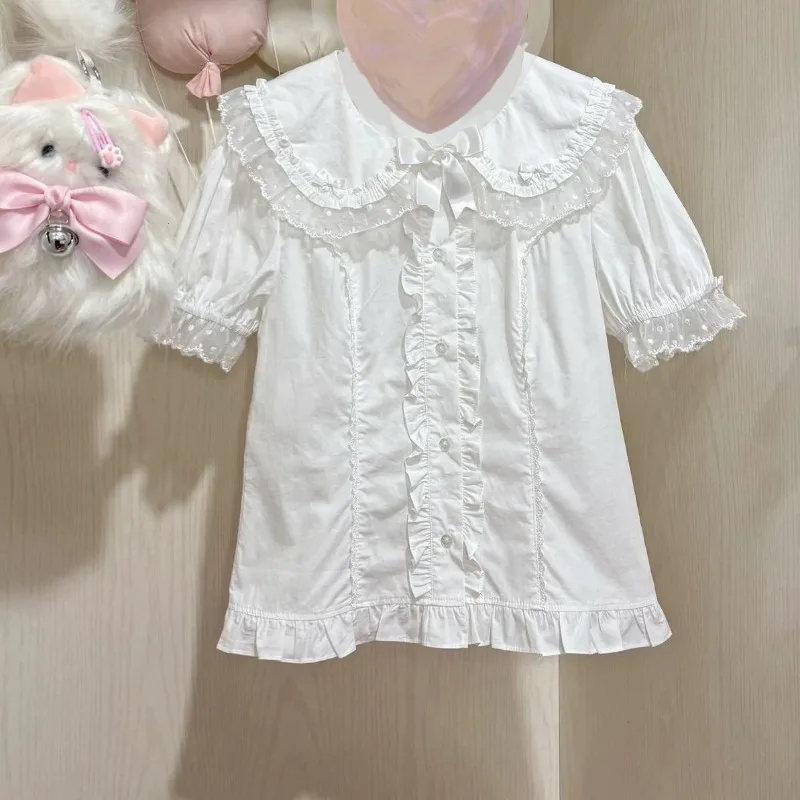 2025 Summer Design Top Blusas Sweet Lolita Cute Bow Lace Patchwork Cute Kawaii Y2k Shirt Single-breasted Short-sleeves Blouse