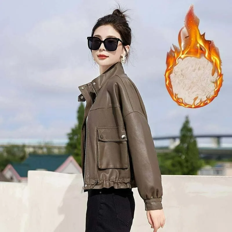 

Women Winter Thickened Fur One-piece PU Leather Jacket Plush Leather Coat Velvet Leather Coat Fashion Commuter Women's Clothing