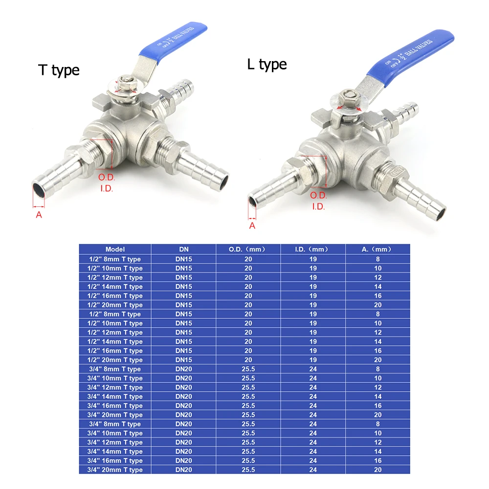 1/2'' 3/4'' Hose Barb Stainless Steel L T Port 3 Way Ball Valve Connector Adapter for Water Oil Gas 8 10 12 14 16 20mm