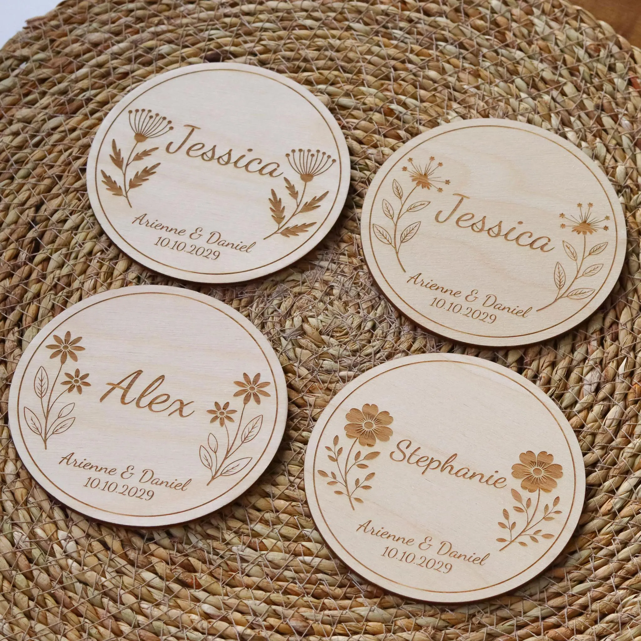 Custom Wooden Place Card Coasters Name Tag for Guests Wildflower Theme Rustic Wedding Favor Personalized Natural Gift
